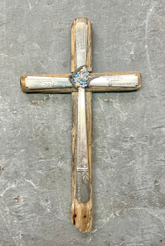 Cross made from Vintage Lobster Trap Wood w/Crystal Fish #0012