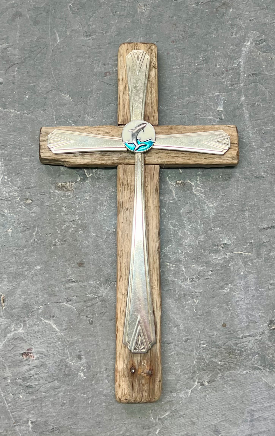 Cross from vintage lobster trap wood w/dolphin