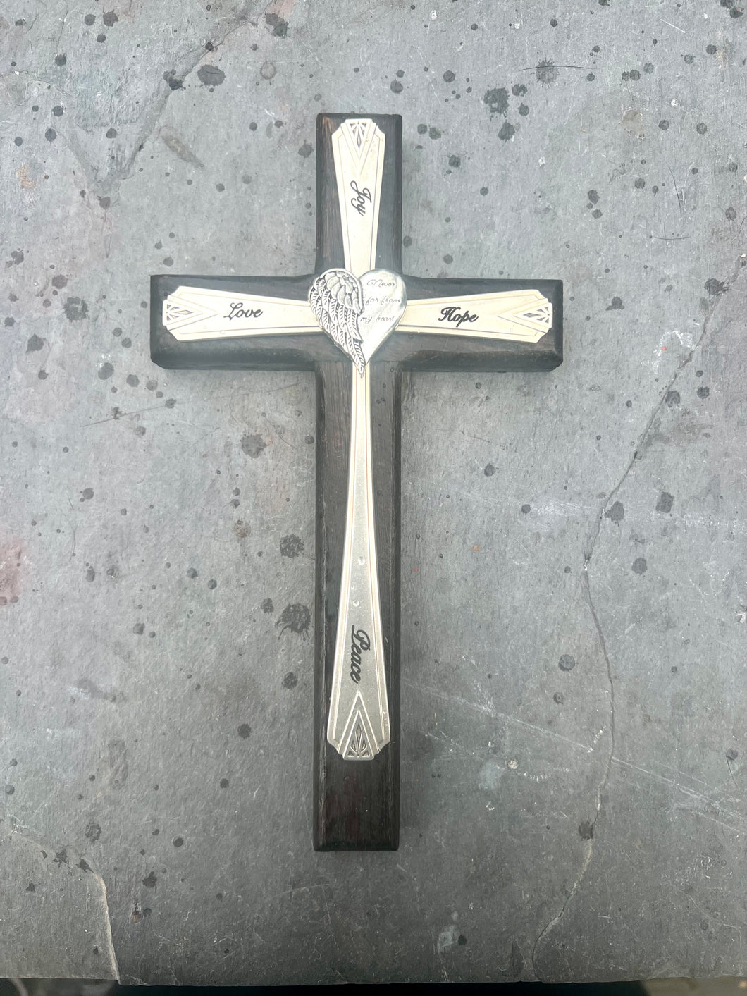 “Never Far From Your Heart” Wood Cross with Silverware #15