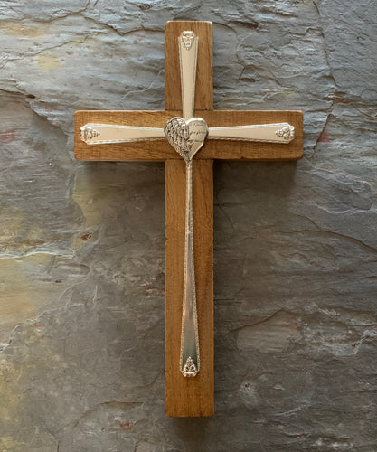 “Never Far From Your Heart” Wood Cross with Silverware