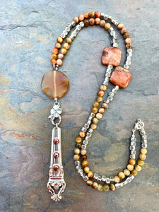 Pink Tiger Eye/Fossil Coral/Carnelian Spoon Handle Necklace
